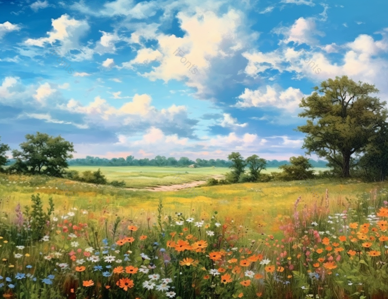 春天夏日蓝天白云草地田地嗓盛开的花簇花朵小野花,插画/手绘图,插画/手绘图库,插画/手绘图下载,插画/手绘